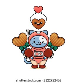 celebrating valentine's day, illustration of cute cat wearing a spacesuit, cartoon in kawaii style, heart illustration with an outline, kitten holding two heart-shaped chocolate candies, heart mascot