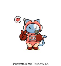 celebrating valentine's day, illustration of cute cat wearing a spacesuit, cartoon in kawaii style, heart illustration with outlines, kitten holding microphone and singing, with peace sign gesture