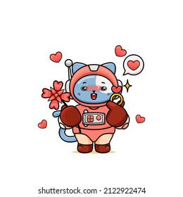 celebrating valentine's day, illustration of cute cat wearing a spacesuit, cartoon in kawaii style, heart illustration with outlines, kitten holding a flower and a ring box, with a small icon of heart