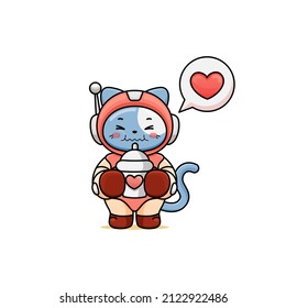 celebrating valentine's day, illustration of a cute cat wearing a spacesuit, cartoon in kawaii style, illustration of a heart with outlines, kitten holding tumbler and drinking it, bubble speech love