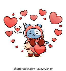 celebrating valentine's day, illustration of cute cat wearing a spacesuit, cartoon in kawaii style, heart illustration with outlines, kitten holding love potion, and showing finger heart gesture