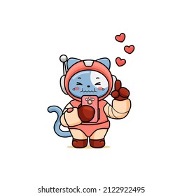 celebrating valentine's day, illustration of a cute cat wearing a space suit, cartoon in kawaii style, illustration of heart with outlines, kitten holding mobile phone and pointing up