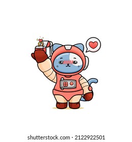 celebrating valentine's day, illustration of a cute cat wearing a spacesuit, cartoon in kawaii style, illustration of a heart with outlines, kitten holding a ring box with jeweled heart