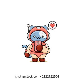 celebrating valentine's day, illustration of a cute cat wearing a spacesuit, cartoon in kawaii style, illustration of a heart with an outline, kitten holding a phone with love bubble speech