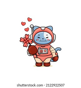 celebrating valentine's day, illustration of a cute cat wearing a spacesuit, cartoon in kawaii style, illustration of a heart with an outline, kitten holding a flower with three small icons of heart