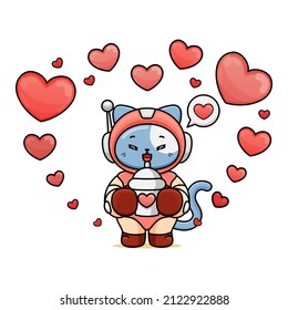 celebrating valentine's day, illustration of a cute cat wearing spacesuit, cartoon in kawaii style, illustration of heart with outlines, kitten holding tumbler and drinking it, love bg