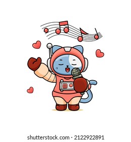 celebrating valentine's day, illustration of cute cat wearing a spacesuit, cartoon in kawaii style, heart illustration with outlines, kitten holding microphone and singing, with musical notes