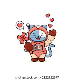 celebrating valentine's day, illustration of cute cat wearing a spacesuit, cartoon in kawaii style, heart illustration with outlines, kitten holding a pink flower, waving hand say hello