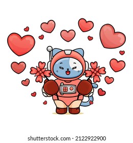 celebrating valentine's day, illustration of cute cat wearing a space suit, cartoon in kawaii style, heart illustration with outline, kitten holding two pink flowers on heart background