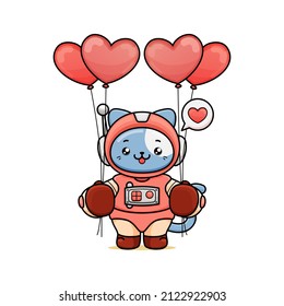 celebrating valentine's day, illustration of a cute cat wearing a spacesuit, cartoon in kawaii style, heart illustration with outlines, kitten holding two heart-shaped balloons both hand