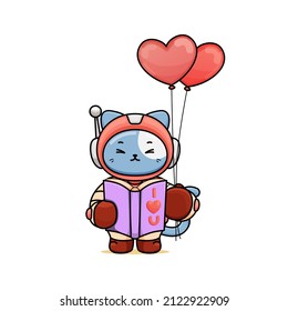 celebrating valentine's day, illustration of a cute cat wearing a spacesuit, cartoon in kawaii style, illustration of a heart with outlines, kitten holding a book and holding two balloons love