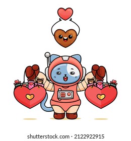 celebrating valentine's day, illustration of a cute cat wearing a spacesuit, cartoon in kawaii style, illustration of a heart with outlines, kitten holding two shopping bags in the shape of a heart