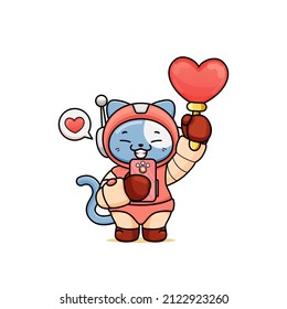 celebrating valentine's day, illustration of a cute cat wearing a spacesuit, cartoon in kawaii style, heart illustration with outlines, kitten holding a pink heart-shaped candy, and phone, bubble love