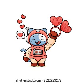 celebrating valentine's day, illustration of a cute cat wearing a spacesuit, cartoon in kawaii style, illustration of a heart with outlines, kitten holding a ring with heart gems, bubble love