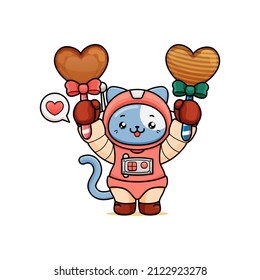 celebrating valentine's day, illustration of cute cat wearing a spacesuit, cartoon in kawaii style, heart illustration with an outline, kitten holding two heart-shaped chocolate candies, bubble heart