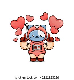 celebrating valentine's day, illustration of a cute cat wearing a spacesuit, cartoon in kawaii style, illustration of heart with outlines , kitten pointing hand into air, love bg