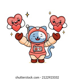celebrating valentine's day, illustration of a cute cat wearing a spacesuit, cartoon in kawaii style, heart illustration with an outline, kitten waving hand both hand, with two cute heart mascot