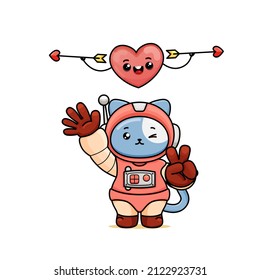celebrating valentine's day, illustration of a cute cat wearing a spacesuit, cartoon in kawaii style, heart illustration with an outline, kitten waving hand dan showing peace sign