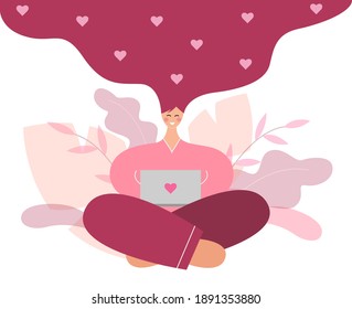 Celebrando el Día de San Valentín en línea debido a la pandemia global y la cuarentena. Niña con corazones en el pelo sentada y mandando mensajes de texto en línea con su ser querido el día de San Valentín. Ilustración vectorial.