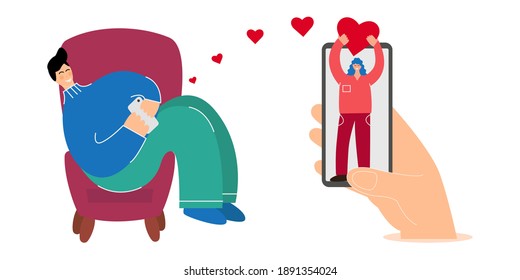 Celebrating Valentine's Day online due to global pandemic and quarantine. A boy are sitting and texting online with his loved one girl with heart on Valentine's Day. Vector illustration for websites.