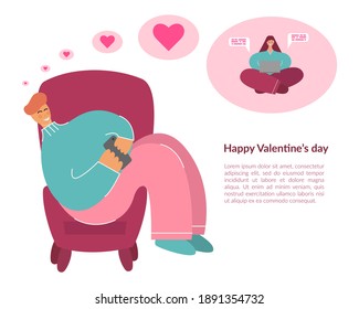 Celebrating Valentine's Day online due to global pandemic and quarantine. A girl and a boy are sitting and texting online to each other on Valentine's Day. Vector illustration for websites.
