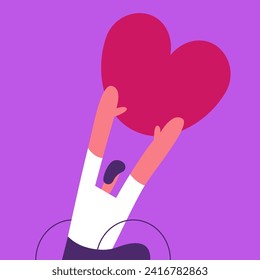 Celebrating Valentine's Day for people with disabilities. Man on wheelchair holds a big heart. Flat vector illustration.