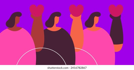 Celebrating Valentine's Day for people with disabilities. Girls with prosthetics and on wheelchairs. Flat vector illustration.