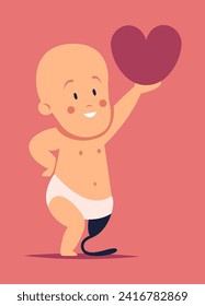 Celebrating Valentine's Day for people with disabilities. Baby in a diaper with a prosthetic leg holds a heart. Flat vector illustration.
