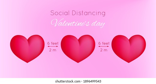 Celebrating Valentine's Day safely during the coronavirus pandemic. 3 hearts are located at a safe distance from each other. The concept of safe love during covid 19.