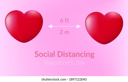 Celebrating Valentine's Day safely during the coronavirus pandemic. The concept of safe love during covid 19. 2 hearts are located at a safe distance from each other. Vector illustration love banner.