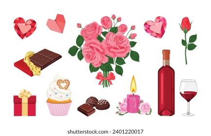 Celebrating Valentine's Day. Set of vector cartoon illustrations on the theme of festive dinner, Love and relationships.