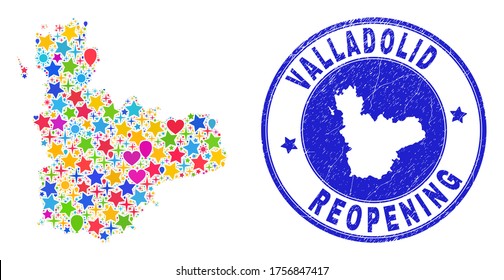 Celebrating Valladolid Province map mosaic and reopening dirty seal. Vector mosaic Valladolid Province map is created with random stars, hearts, balloons.