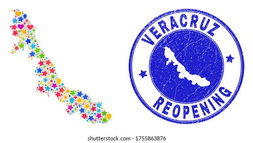 Celebrating Veracruz State map collage and reopening grunge stamp. Vector collage Veracruz State map is created with randomized stars, hearts, balloons.