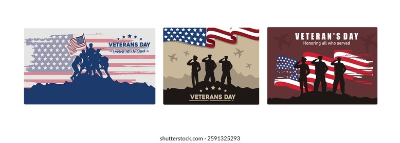 Celebrating Veterans Day in America. Veterans Day with silhouettes of soldiers saluting. Honoring all who have served America. Memorial Day concept. Set flat vector illustration.