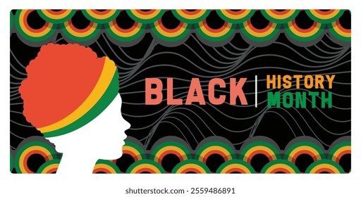 Celebrating vibrant Black History Month with African patterns and silhouettes. Symbolizes cultural appreciation and recognition of heritage. Black History Month concept. Flat vector illustration. 