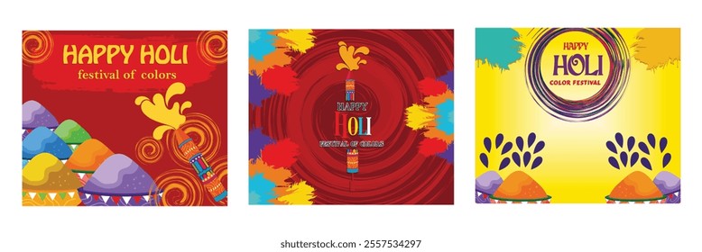 Celebrating the Vibrant Happy Holi  Festival. Bright Splashes and Traditional Elements. Festival Celebration Poster With Bright Yellow Background. Set flat vector modern illustration 