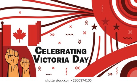 Celebrating Victoria Day vector banner design with retro geometric shapes, Canada flags, red color pallet and typography. Celebrating Victoria Day simple modern poster illustration.