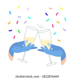 celebrating victory of doctors over the virus, pandemic, disease. hand paramedic holds a glass with champagne in blue protective gloves. cheers.
