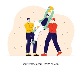 Celebrating victory with friends, happiness vector illustration.