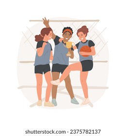 Celebrating victory isolated cartoon vector illustration. Teenage volleyball team winning sport competition, holding trophy in hands, victory celebration, team spirit vector cartoon.