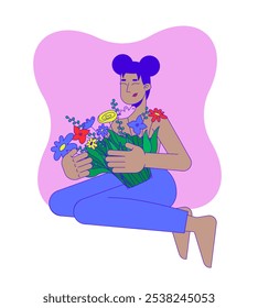 Celebrando la victoria sobre el concepto de ilustración 2D de cáncer de mama. Cuidados personales y recuperación. Mujer negra abrazando el carácter de la historieta de las flores aislado en blanco. Gráfico de Vector plano abstracto de metáfora