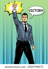 Celebrating victory. Politician with his hands raised high. Businessman rejoices at success. A man in a business suit. Retro vintage style. Color comic pop art.