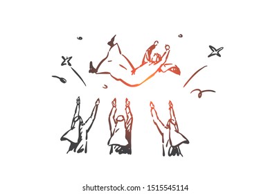 Celebrating victory, praising winner concept sketch. Hand drawn isolated vector