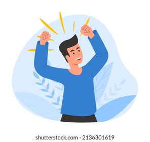 Celebrating victory or success concept. Happy male entrepreneur smiles, raises his hands up and expresses positive emotions of achieving goal. Business promotion. Cartoon flat vector illustration