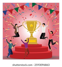 Celebrating victory winner business concept. Happy business employee team winners award ceremony. Employee recognition and best worker competition award team. Flat vector modern illustration 