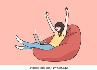 Celebrating win, technologies, positive emotions concept. Portrait of attractive cheerful excited girl sitting in chair using laptop celebrating win over pink background vector illustration 