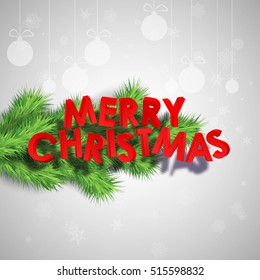 Celebrating winter background with red 3d Merry Christmas inscription and green fir branches vector illustration