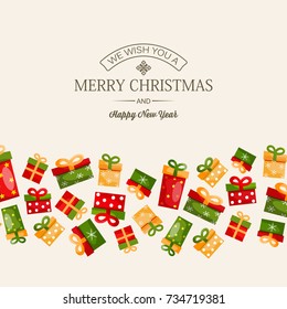 Celebrating winter holidays design concept with greeting inscription and colorful gift boxes on light background vector illustration