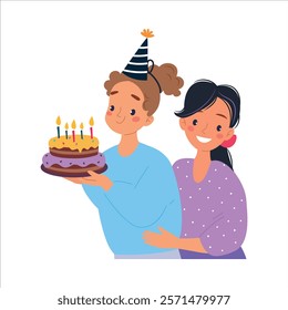 Celebrating Woman Character with Cake Rejoice and Cheering Vector Illustration