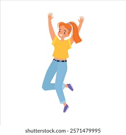 Celebrating Woman Character Jump and Cheering Vector Illustration